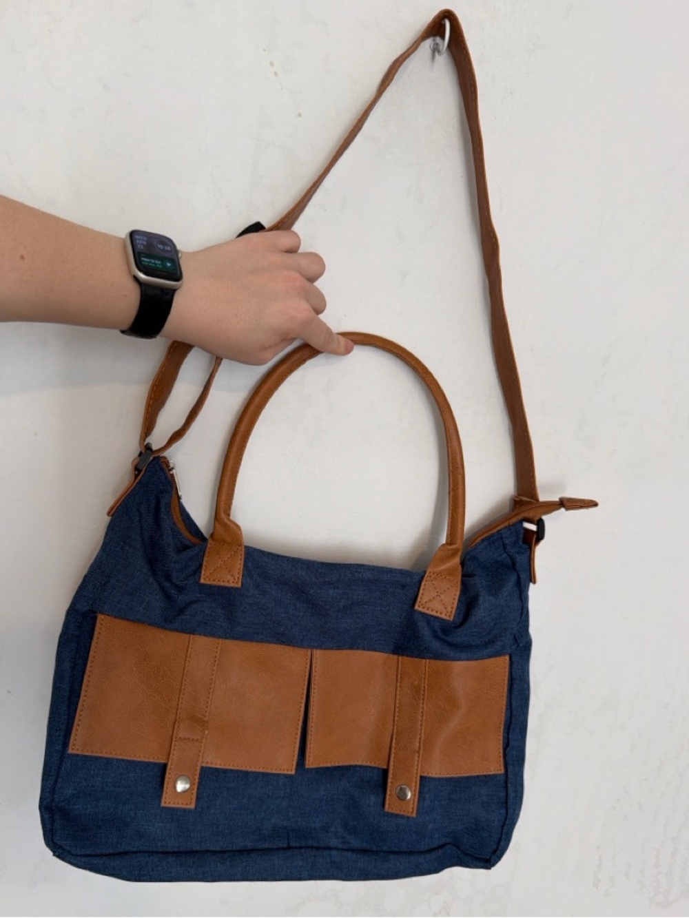 Blue and Tan Women’s Canvas Tote Bag with Leather Trim